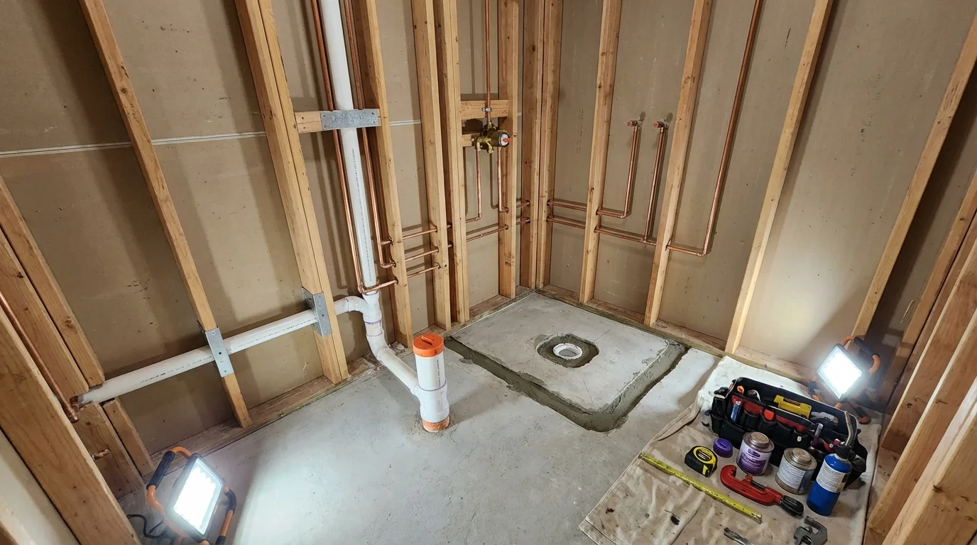 Bathroom rough-in plumbing during remodel by Johns Plumbing LLC in Anamosa