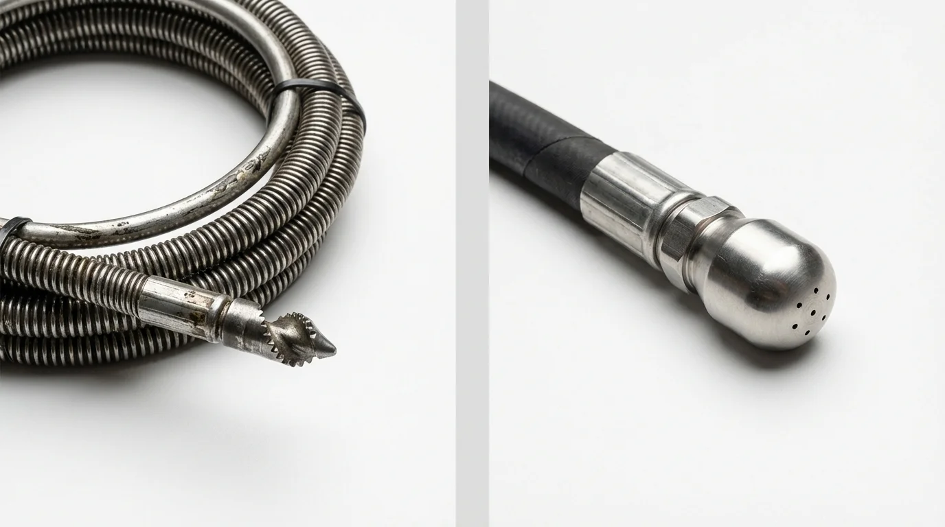 Drain snake cable and hydro jetting nozzle used for drain cleaning in Anamosa, IA