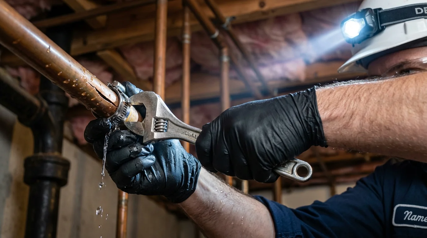 Emergency pipe clamp repair being performed by a Johns Plumbing LLC plumber in Anamosa