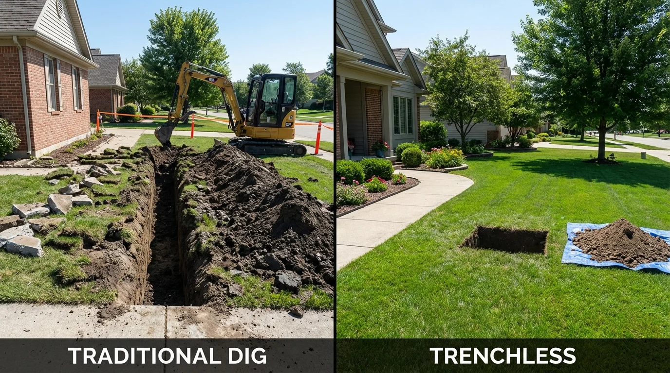Trenchless sewer repair with minimal yard damage versus traditional excavation in Anamosa, IA