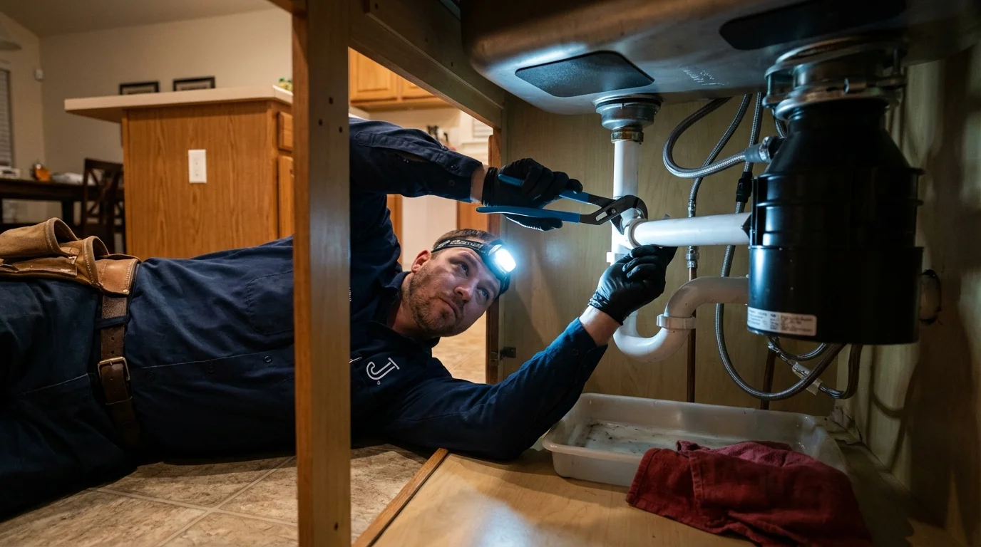 P-trap and supply line connections under a kitchen sink showing a common leak point in Anamosa, IA